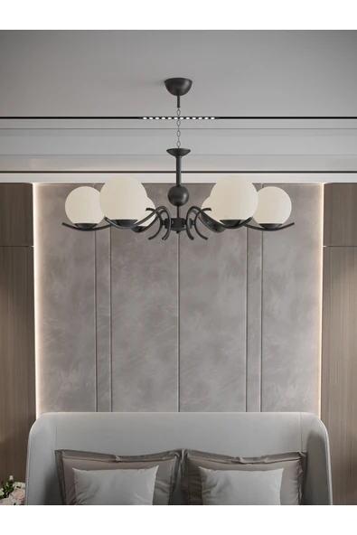 avizade Merla 6’lı Siyah Metal Beyaz Camlı Avize | Modern Salon Sarkıt Aydınlatma | Retro Işık Tasarımı ürün görseli 1