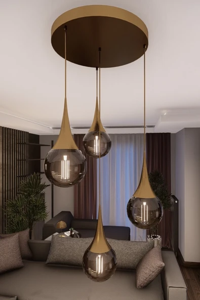 avizade Liora Modern Eskitme Metal Avize - Füme Cam, 4'lü Sarkıt, E27 Duy, Dekoratif Aydınlatma ürün görseli 1