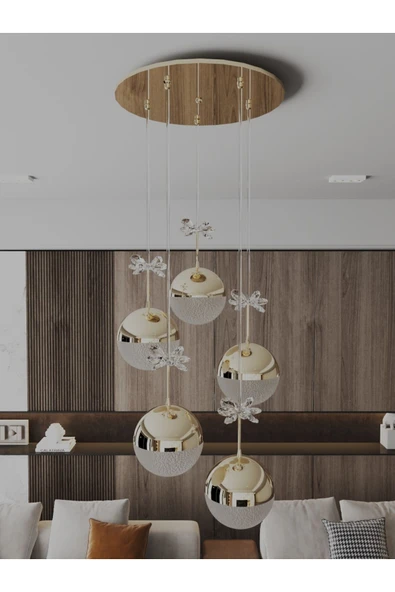 avizade Solis Enerji Tasarruflu-yaprak Desenli-modern Ve Lüks Gold- 3 Işıklı-5li Tepsi Led Avize ürün görseli 1