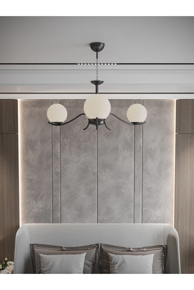 avizade Merla 3'Lü Siyah Kasa Beyaz Camlı Avize | Modern Salon Sarkıt Aydınlatma | Retro Işık Tasarımı ürün görseli 1