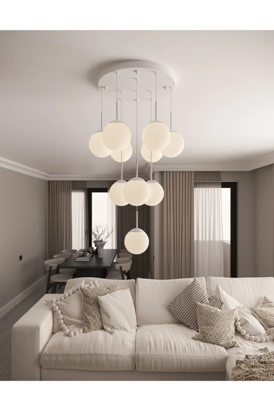avizade ECLIPSE Modern 10'lu Sarkıt Beyaz Metal Avize - Beyaz Renk Cam Küre, E27 Duy, Dekoratif Aydınlatma ürün görseli 1