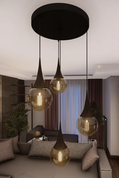 avizade LİORA Modern Siyah Metal Avize - Bal Cam, 4'lü Sarkıt, E27 Duy, Dekoratif Aydınlatma ürün görseli 1