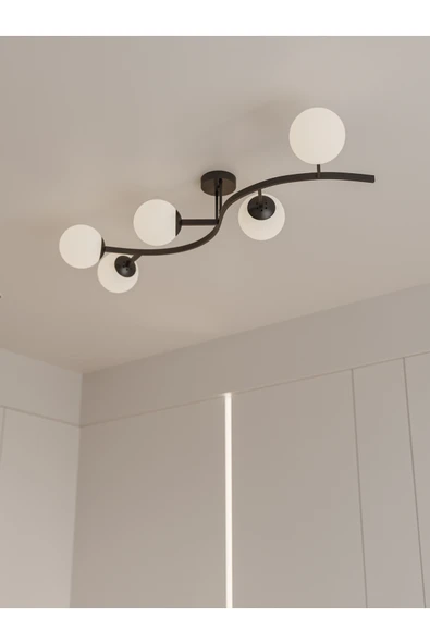 avizade NORİA Modern Siyah Kasa 5’li Beyaz Cam Küre Avize | Tavan Aydınlatma Avize Modeli ürün görseli 1