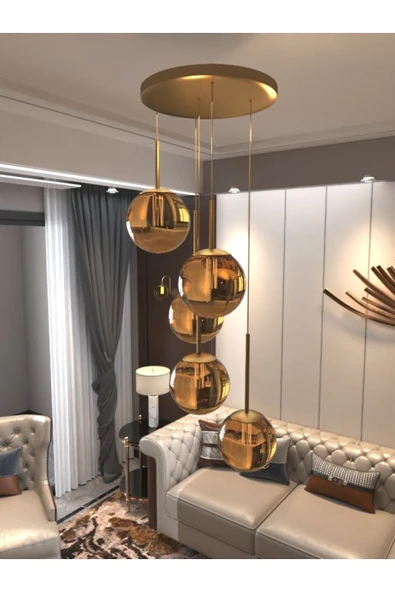 avizade Vega Sarkıt Top Avize Bal Rengi 5’li Glop Camlı, Eskitme Dayanıklı Kasa Modern Şık Tasarım Avize ürün görseli 1