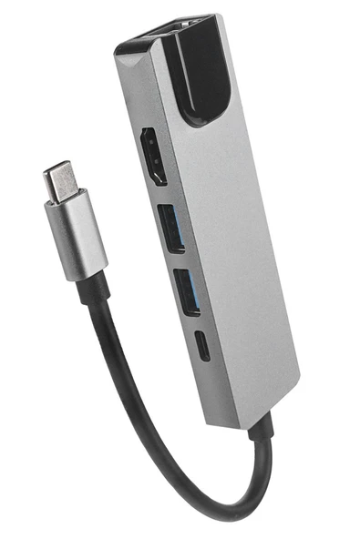 Hytech Hy-Usbc80 4K@30Hz Gri Metal 2Xusb3.0 1Xhdmi, 1Xpd 10-100-1000M Type C Adaptör ürün görseli 1