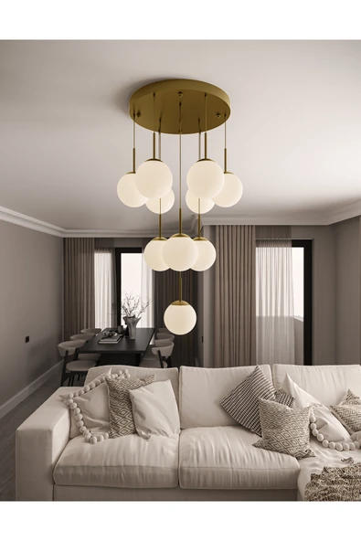 avizade ECLIPSE Modern 10'lu Sarkıt Eskitme Metal Avize - Beyaz Renk Cam Küre, E27 Duy, Dekoratif Aydınlatma ürün görseli 1