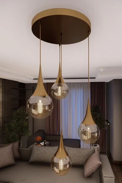 avizade Liora Modern Eskitme Metal Avize - Bal Cam, 4'lü Sarkıt, E27 Duy, Dekoratif Aydınlatma ürün görseli 1