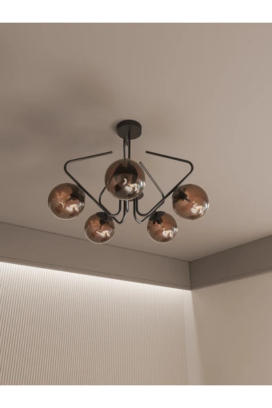 avizade Lunor Siyah Metal Bal Cam Küre Başlıklı Modern 5'li Avize – Salon Ve Oturma Odası Için ürün görseli 1