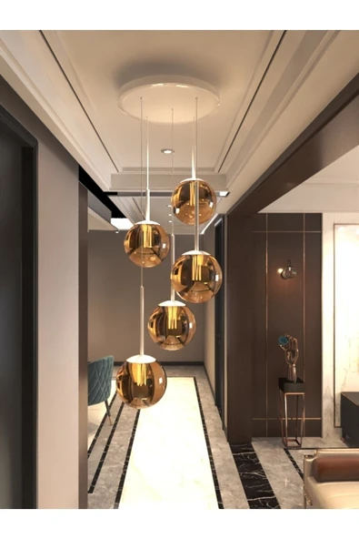 avizade Vega Sarkıt Top Avize Bal Rengi 5’li Glop Camlı, Beyaz Dayanıklı Kasa Modern Şık Tasarım Avize ürün görseli 1