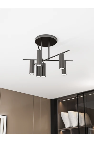 avizade ZENİX Siyah Metal Gövdeli 6'lı Spot Led Avize – Gu10 Duylu | Modern Salon ve Antre Tavan Aydınlatma ürün görseli 1