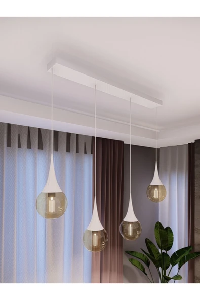 avizade Opya 4’lü Sıralı Sarkıt Avize – Beyaz Metal, Bal Cam, Modern E27 Tasarım-sıralı ürün görseli 1
