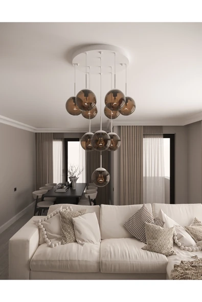 avizade ECLIPSE Modern 10'lu Sarkıt Beyaz Metal Avize - Bal Renkli Cam Küre, E27 Duy, Dekoratif Aydınlatma ürün görseli 1
