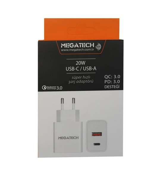 Megatech 20W Beyaz Usb-C Usb-A Şarj Kafa Qc:3.0-Pd:3.0 ürün görseli 1