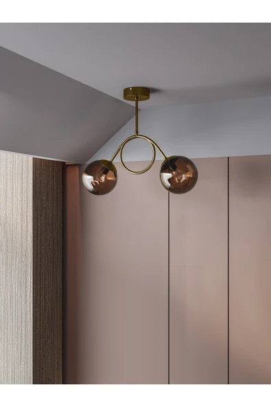 avizade ARVEN Modern Eskitme Metal Gövdeli 2'li Bal Cam Küre Avize | Yay Formlu Aydınlatma Avize Modeli ürün görseli 1