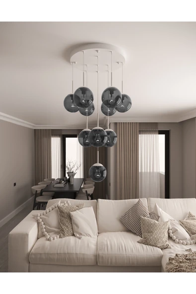 avizade ECLIPSE Modern 10'lu Sarkıt Beyaz Metal Avize - Füme Renk Cam Küre, E27 Duy, Dekoratif Aydınlatma ürün görseli 1