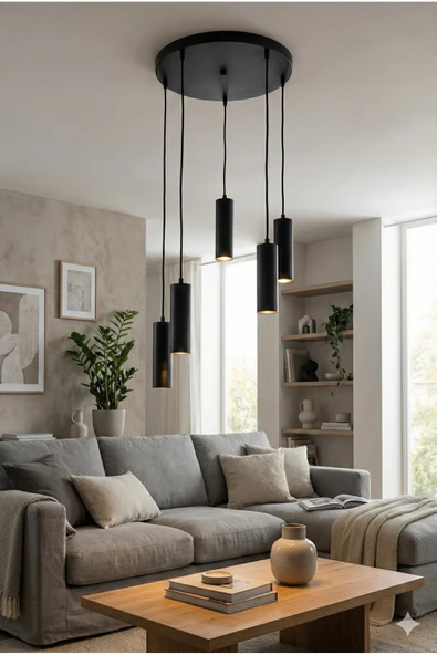 avizade Zenya 5'li Siyah Modern Silindir Spot Sarkıt Avize - Dekoratif Salon Mutfak Aydınlatma ürün görseli 1