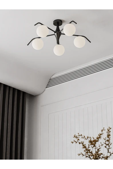 avizade Orlena Modern 5’li Küre Avize Siyah Metal Beyaz Cam Minimalist Aydınlatma ürün görseli 1