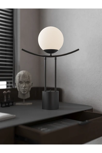 avizade Lal Modern Siyah Metal Gövdeli Beyaz Camlı Küre Başlıklı Led Uyumlu Masa Lambası pilli ürün görseli 1