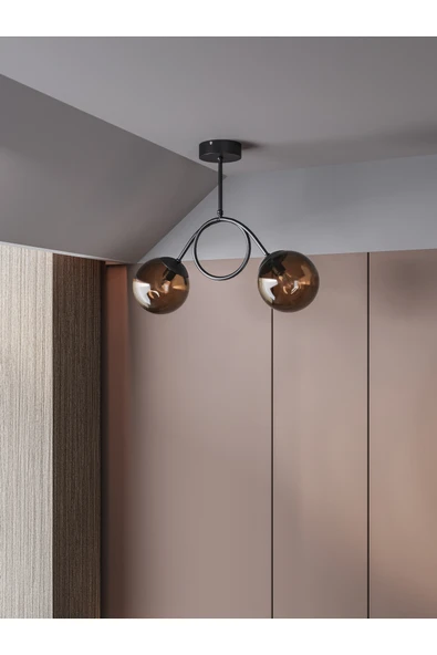 avizade ARVEN Modern Siyah Metal 2'li Bal Cam Küre Avize | Yay Formlu Aydınlatma Avize Modeli ürün görseli 1