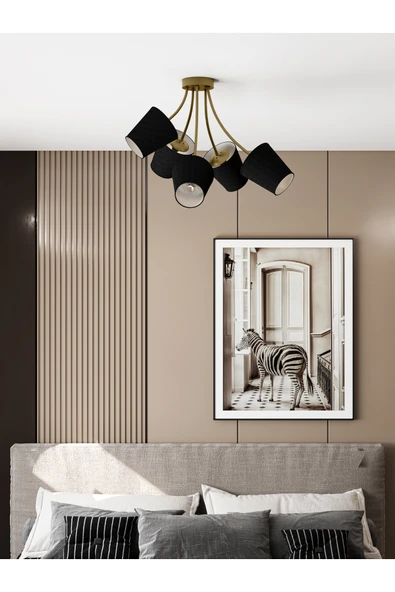 avizade ALLEGRA Modern Eskitme Metal Siyah Kumaş Şapkalı 5'li Avize | Modern Salon Aydınlatması ürün görseli 1