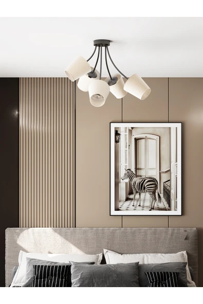 avizade ALLEGRA Modern Siyah Metal Beyaz Kumaş Şapkalı 5'li Avize | Modern Salon Aydınlatması ürün görseli 1