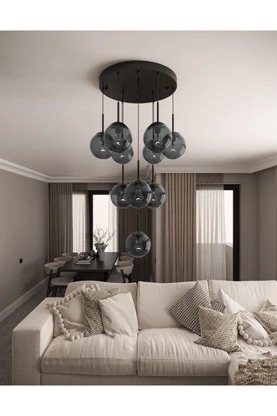 avizade ECLIPSE Modern 10'lu Sarkıt Siyah Metal Avize - Füme Renk Cam Küre, E27 Duy, Dekoratif Aydınlatma ürün görseli 1