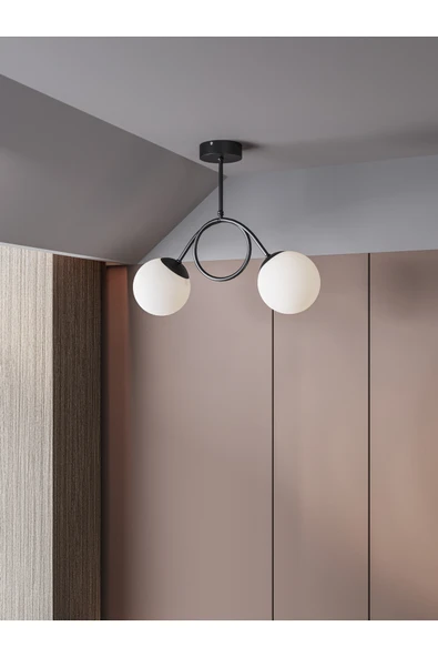 avizade ARVEN Modern Siyah Metal Gövdeli 2'li Beyaz Cam Küre Avize | Yay Formlu Aydınlatma Avize Modeli ürün görseli 1