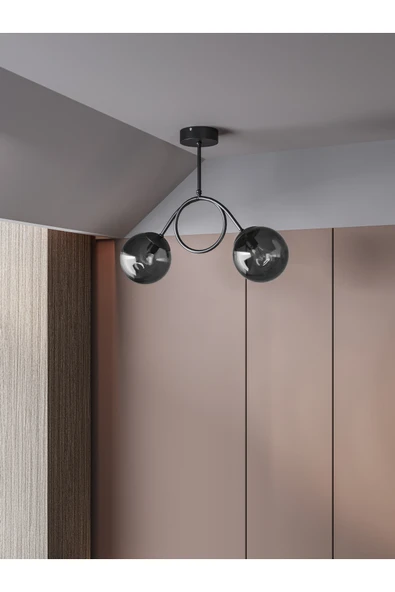 avizade ARVEN Modern Siyah Metal 2'li Füme Cam Küre Avize | Yay Formlu Aydınlatma Avize Modeli ürün görseli 1