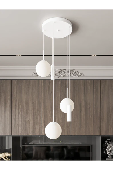 avizade VİENNA Modern Beyaz Metal Gövdeli 5'li Sarkıt Avize - 3 Beyaz Cam Küre 2 Led Spot, E27 Duy-G10 Duy ürün görseli 1
