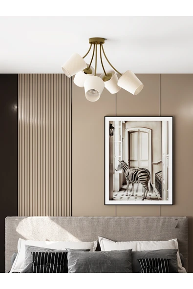 avizade ALLEGRA Modern Eskitme Metal Beyaz Kumaş Şapkalı 5'li Avize | Modern Salon Aydınlatması ürün görseli 1
