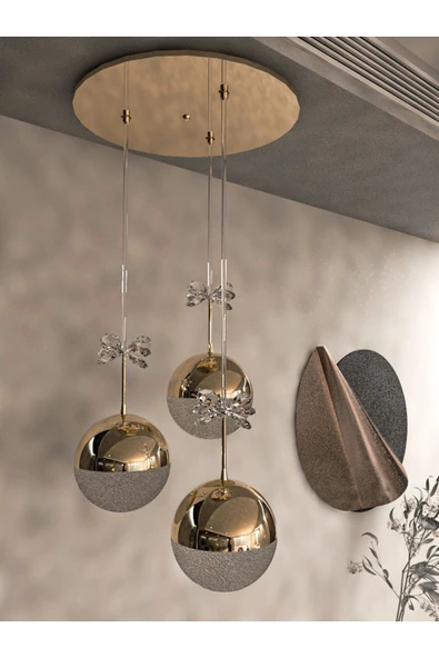 avizade Solis Enerji Tasarruflu-yaprak Desenli-modern Ve Lüks Gold- 3 Işıklı-3lü Tepsi Led Avize ürün görseli 1