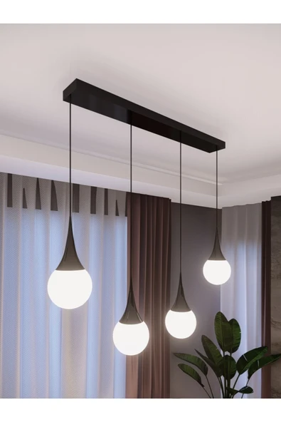 avizade Opya Siyah Metal Gövde Ve Beyaz Camlı 4’lü Avize – Sıralı Modern Sarkıt, E27 Uyumlu ürün görseli 1
