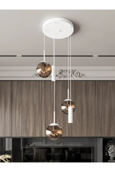 avizade VİENNA Modern Beyaz Metal Gövdeli 5'li Sarkıt Avize - 3 Bal Cam Küre 2 Led Spot, E27 Duy-G10 Duy ürün görseli 1