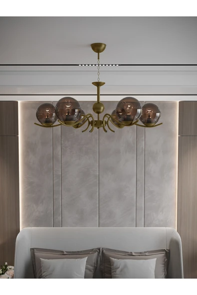 avizade Merla 6’lı Eskitme Metal Bal Camlı Avize | Modern Salon Sarkıt Aydınlatma | Retro Işık Tasarımı ürün görseli 1