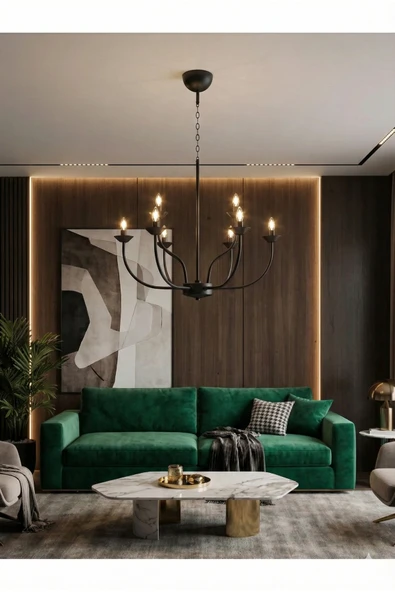avizade VALENTIA Pütürlü Siyah 8 Kollu Şamdan Avize - Valentia Serisi - Dokulu Yüzey Modern Salon Sarkıt ürün görseli 1