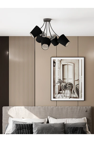 avizade ALLEGRA Modern Siyah Metal Siyah Kumaş Şapkalı 5'li Avize | Modern Salon Aydınlatması ürün görseli 1