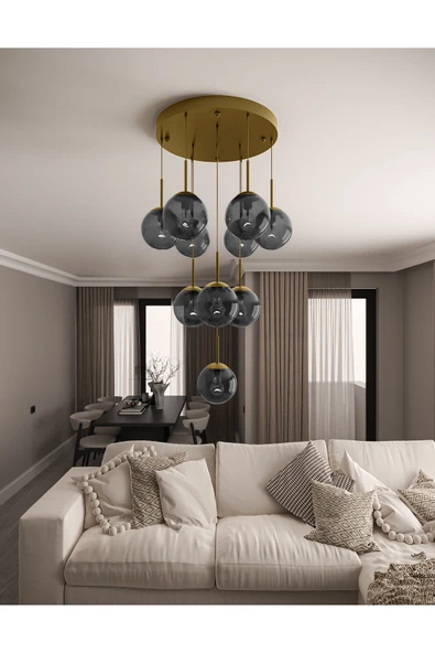 avizade ECLIPSE Modern 10'lu Sarkıt Eskitme Metal Avize - Füme Renk Cam Küre, E27 Duy, Dekoratif Aydınlatma ürün görseli 1