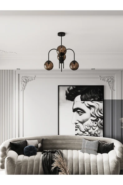 avizade ZYRA Siyah Metal 4'lü Bal Rengi Cam Küre Kıvrık Model Avize - Salon Ve Oturma Odası Aydınlatması ürün görseli 1