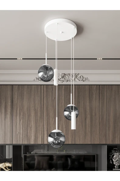 avizade VİENNA Modern Beyaz Metal Gövdeli 5'li Sarkıt Avize - 3 Füme Cam Küre 2 Led Spot, E27 Duy-G10 Duy ürün görseli 1