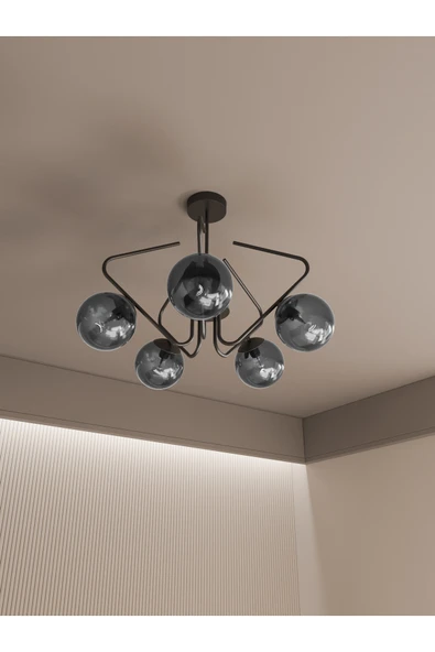 avizade Lunor Siyah Metal Füme Cam Küre Başlıklı Modern 5'li Avize – Salon Ve Oturma Odası Için ürün görseli 1