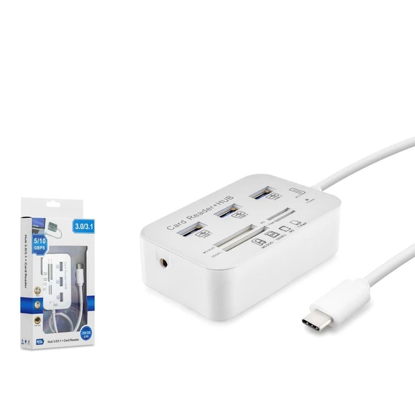 Hadron Hdx7029 Type-C Hub Combo 3-Usb3.0 + Ms + Sd + M2 + Tf 20Cm 7İn1 Beyaz ürün görseli 1