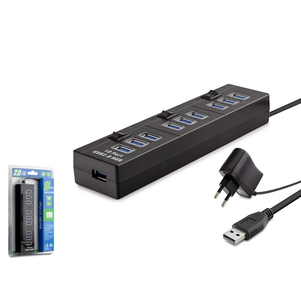 Hadron Hdx7005 Usb Hub 10-Usb 1 Metre Siyah ( Güç Adaptörlü) ürün görseli 1