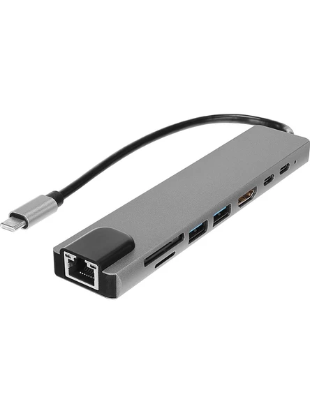 Hytech HY-USBC83 4K@30Hz Gri Metal 2xUSB3.0, 1xUSB2.0, 1000Mbps PD, TypeC Data, SD/TF Kart Okuyucu Type C Adaptör ürün görseli 1