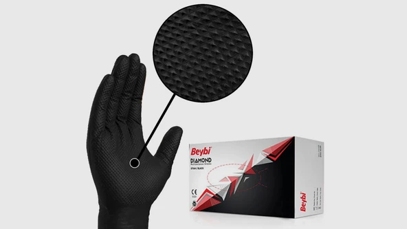 Beybi Diamond L Beden Pudrasız Kalın Siyah Nitril Eldiven Large (100 LÜ Paket) ürün görseli 1