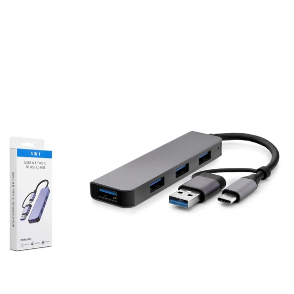 Hadron Hdx7825 Type-C + Usb3.0 Hub 4-Usb3.0 Gri ürün görseli 1