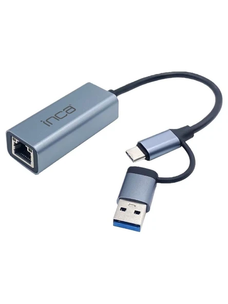 İnca İutp-01Tx Ethernet Adaptörü Usb Ve Type-Cye Bağlantı Usb 3.0 Ve Type-C 3.1 Alüminyum 1000Mbps ürün görseli 1