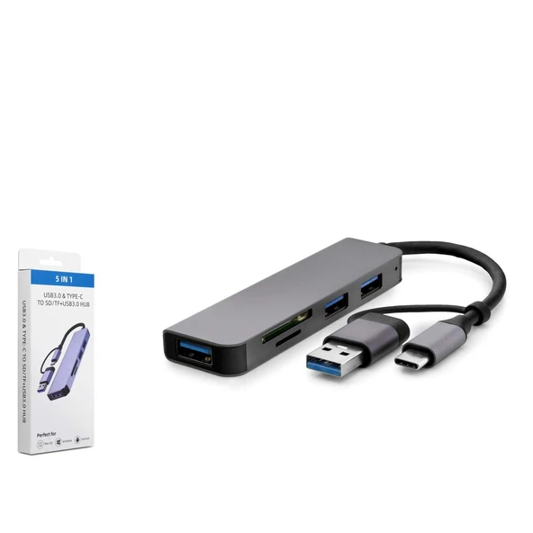 Hadron Hdx7826 Type-C Hub Combo 3-Usb3.0 + Sd + Tf 5İn1 Gri ürün görseli 1