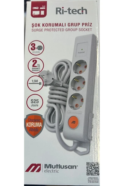 Mutlusan Ri-Tech 3 Lü Şok Korumalı Grup Priz 1.5 Metre (001 175 370002 15 00) ürün görseli 1
