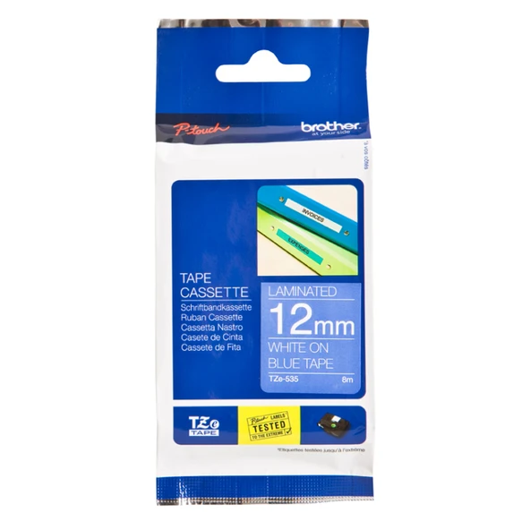 Tze-535 12 Mm Mavi Üzeri Beyaz Laminasyonlu Etiket 8 Metre ürün görseli 1