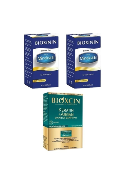 BİOXİNİN Forte Minoksidil %5 Deri Spreyi 60 Ml 2 Adet + Bioxcin Keratin & Argan Onarıcı Şampuan 300 ürün görseli 1
